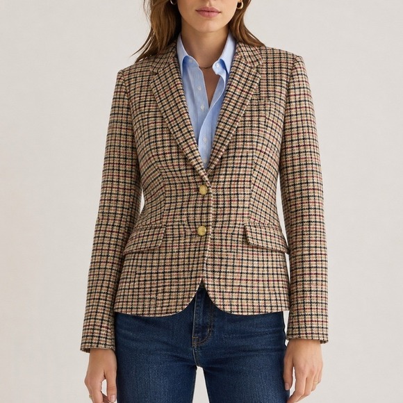 J. Crew Jackets & Blazers - J. Crew Schoolboy Blazer 12 Tan Plaid Wool Blend Gold Crest Button Preppy Jacket